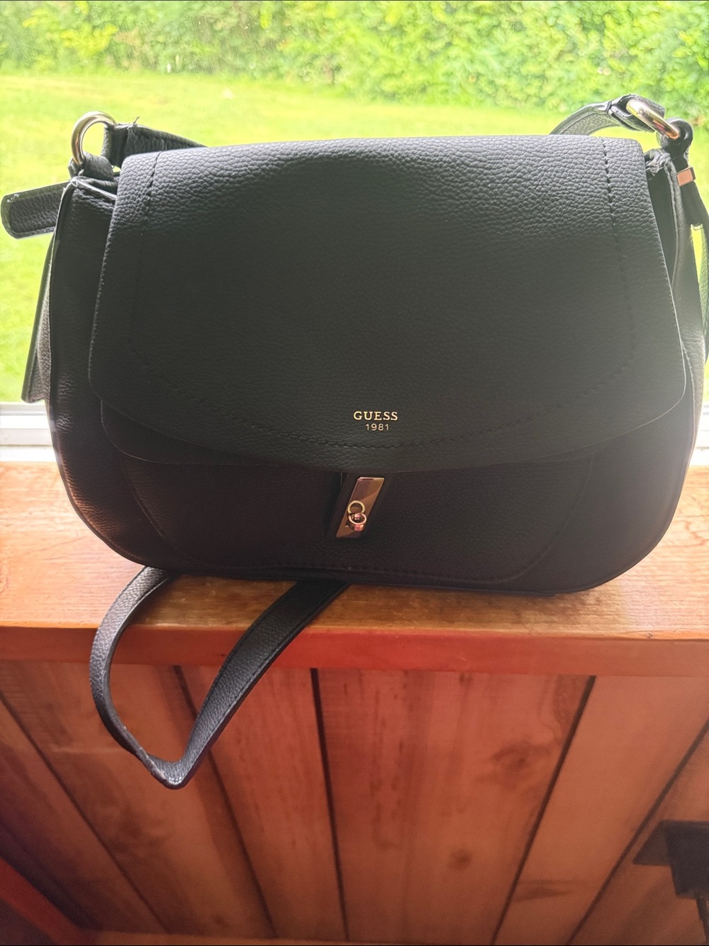 GUESS Black Pebbled Leather Crossbody Saddle Purse with Gold Hardware